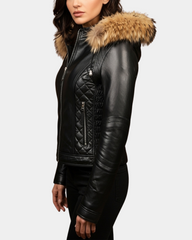 Women Detachable Hoodie Biker Leather Jacket Lily Nova Black