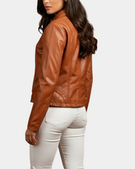 Womens Classic Leather Biker Zip Box Jacket Dynamo Tan