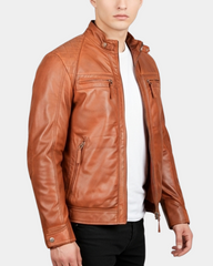 Mens Biker Leather Jacket Standing Collar Bowie Dynamo Tan
