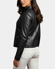 Womens Classic Leather Biker Zip Box Jacket Nova Black