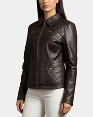 Womens Classic Leather Biker Zip Box Jacket Zenith Brown