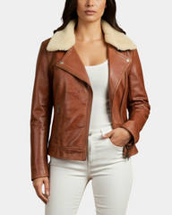 Women Leather Biker Jacket with Detachable Collar Charmed Chestnut