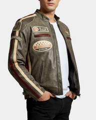 Mens Biker Leather Jacket with Badges Zenith Brown