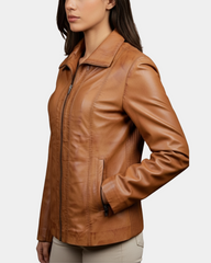 Womens Classic Zip Fastening Leather Jacket Julia Dynamo Tan