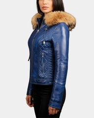 Women Detachable Hoodie Biker Leather Jacket Lily Radiant Blue
