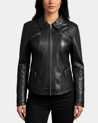 Womens Classic Leather Biker Zip Box Jacket Nova Black