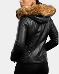 Women Detachable Hoodie Biker Leather Jacket Lily Nova Black