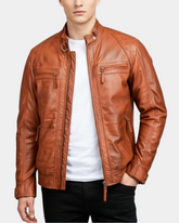 Mens Biker Leather Jacket Standing Collar Bowie Dynamo Tan