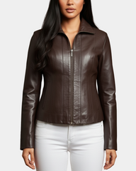 Women Classic Zip Fastening Leather Jacket Julia Zenith Brown