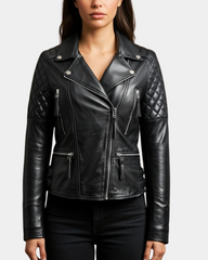 Women Cross Zip Biker Leather Jacket Claudia Nova Black