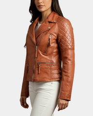 Women Cross Zip Biker Leather Jacket Claudia Celestial Cognac