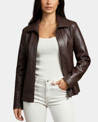 Women Classic Zip Fastening Leather Jacket Julia Zenith Brown