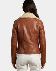 Women Leather Biker Jacket with Detachable Collar Charmed Chestnut