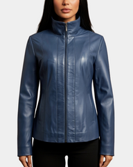 Womens Classic Zip Fastening Leather Jacket Julia  Radiant Blue