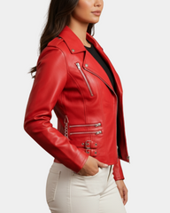Women Cross Zip Biker Leather Jacket Cara Ignite Red