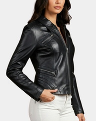 Womens Classic Leather Biker Zip Box Jacket Nova Black