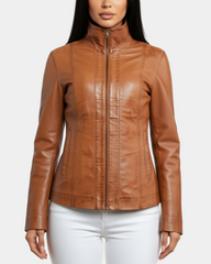 Womens Classic Zip Fastening Leather Jacket Julia Dynamo Tan