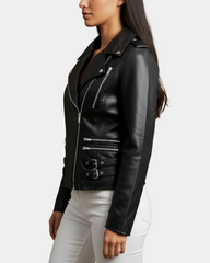 Women Cross Zip Biker Leather Jacket Cara Nova Black