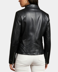 Womens Classic Leather Biker Zip Box Jacket Nova Black