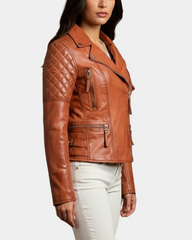 Women Cross Zip Biker Leather Jacket Claudia Celestial Cognac