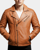 Mens Biker Leather Jacket Dual Zip Dynamo Tan