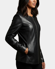 Womens Classic Soft Leather Collarless Jacket Nova Black