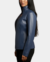 Womens Classic Zip Fastening Leather Jacket Julia  Radiant Blue