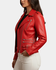 Women Cross Zip Biker Leather Jacket Cara Ignite Red