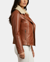 Women Leather Biker Jacket with Detachable Collar Charmed Chestnut