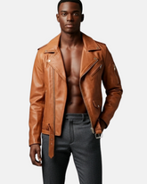 Mens Leather Biker Jacket Brando Style Johnny Dynamo Tan