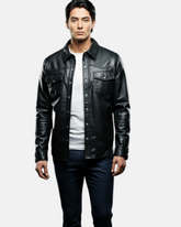 Mens Leather Shirt Classic Trucker Style Oliver Nova Black