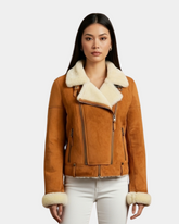 Womens Sheepskin Aviator Pilot Jacket Dynamo Tan White