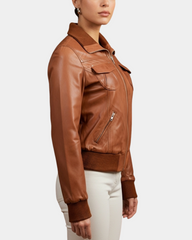 Women Leather Classic Bomber Jacket Motto Dynamo Tan