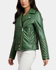 Women Leather Biker Jacket with Quilt Detail Aurora Green