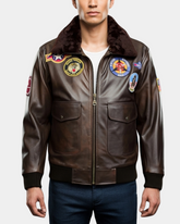 Mens Bomber Leather Jacket Air Force Style Lester Zenith Brown