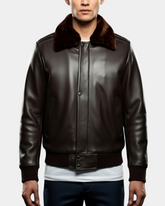 Mens Leather Bomber Pilot Jacket Removable Collar Leroy Zenith Brown