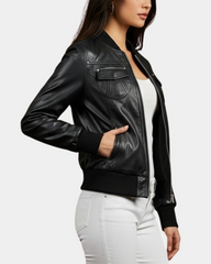 Women Leather Classic Bomber Jacket Motto Nova Black