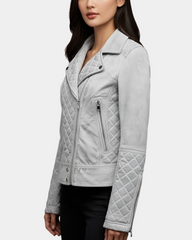 Women Leather Biker Jacket with Quilt Detail Vintage Astral White