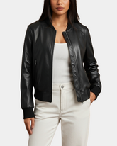 Women Real Leather Varsity Bomber Jacket Nova Black