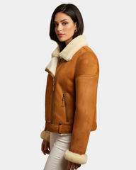 Womens Sheepskin Aviator Pilot Jacket Dynamo Tan White