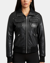 Women Leather Classic Bomber Jacket Motto Nova Black