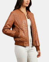 Women Leather Varsity Quilted Bomber Jacket Dynamo Tan