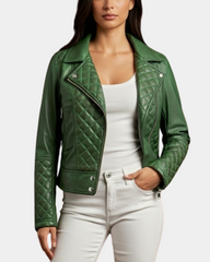 Women Leather Biker Jacket with Quilt Detail Aurora Green