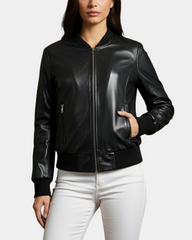 Women Real Leather Varsity Bomber Jacket Nova Black