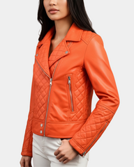 Women Leather Biker Jacket with Quilt Detail Blissful Orange
