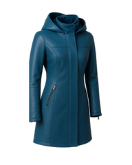 Azure Harbor Detachable-Hood Leather Coat — Azure Blue
