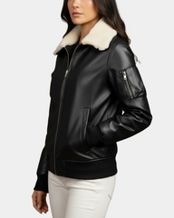 Women Leather Bomber Jacket Removable Collar Nova Black