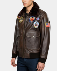 Mens Bomber Leather Jacket Air Force Style Lester Zenith Brown