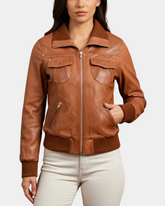 Women Leather Classic Bomber Jacket Motto Dynamo Tan