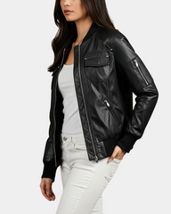 Women Leather Classic Bomber Jacket Motto Nova Black